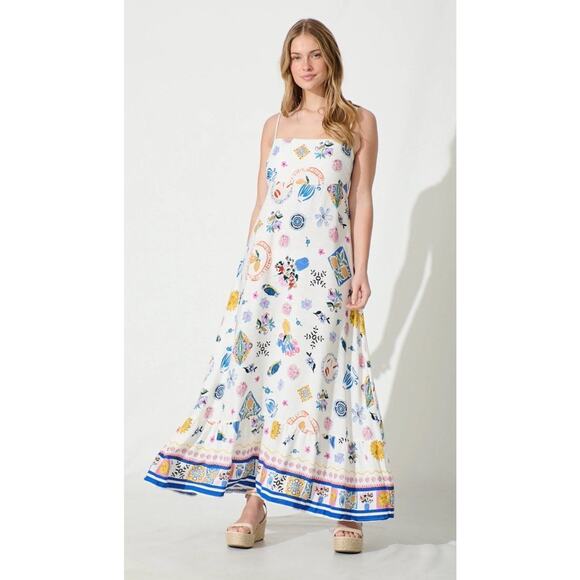 Label Of Love Linen Blend Maxi Dress White Multicolor Print Boho Summer XL - Picture 2 of 10